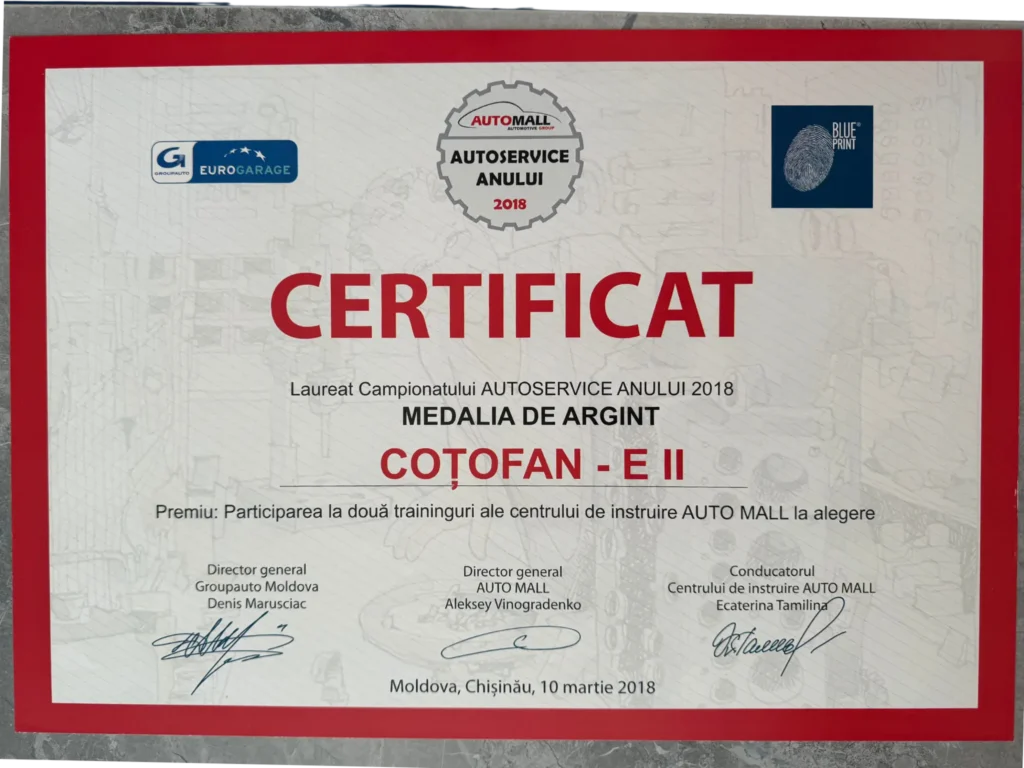 Certificat AUTOMALL — Autoservice Anului 2018, Medalia de Argint